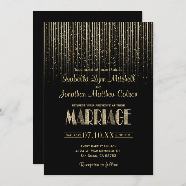 Gold Star Rain Shower & Black Wedding Invitation (Front/Back)