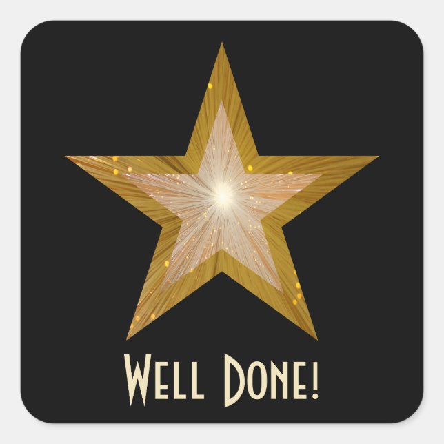 Gold Star 'Well Done' autocollant carré noir (Devant)