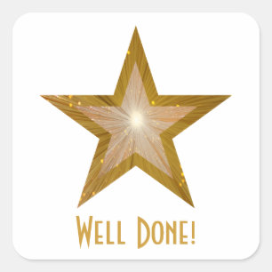 Gold Star 'Well Done' sticker carré blanc