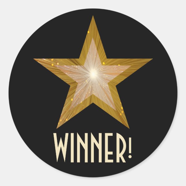 Gold Star 'WINNER!' autocollant rond noir (Devant)