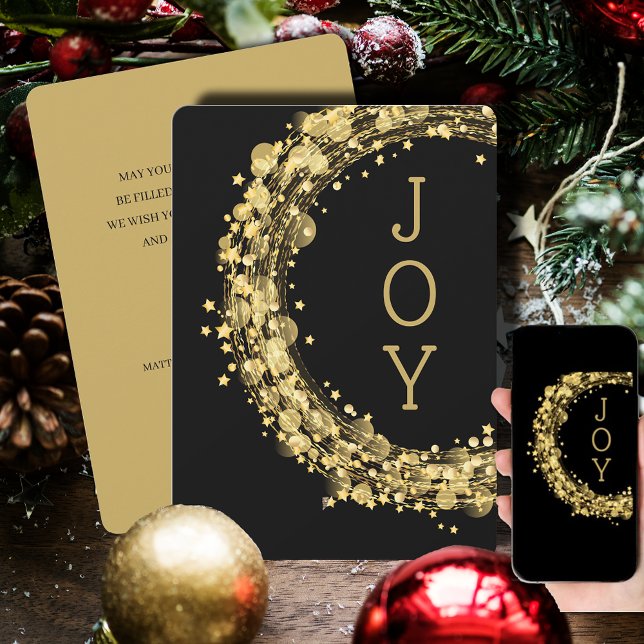 Gold Star Wreath on Black Christmas Non-Photo Holiday Card (Creator Uploaded)