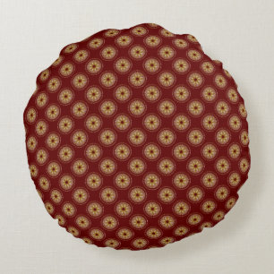 Gold Starburst Medallion Pattern   Burgundy Round Pillow