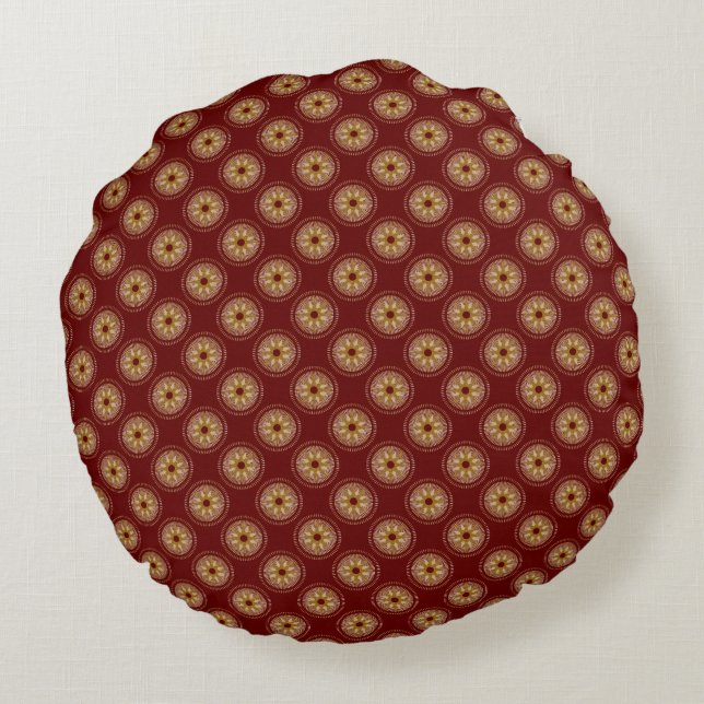 Gold Starburst Medallion Pattern | Burgundy Round Pillow (Back)