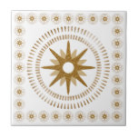 Gold Starburst Medallion Tile<br><div class="desc">Elegant tile with a vintage-inspired design features aretro gold starburst medallion on a white background, framed by a border of smaller geometric starburst circular medallions. Simple, clean design. Create your own custom pattern by using the fields provided, or use the "message" button to contact the designer for help. To create...</div>