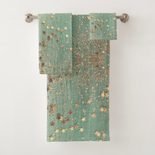 Gold Stardust on Sea Green  Bath Towel Set