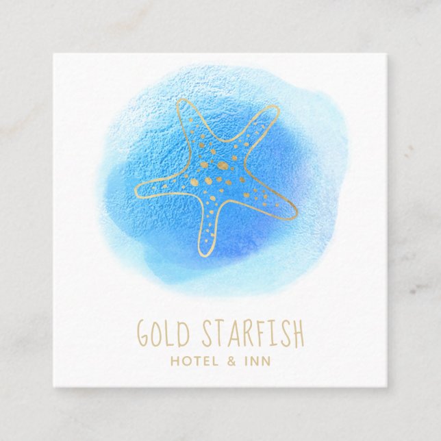 *~* Gold STARFISH Beach Ocean Sea White Blue Blob Square Business Card (Front)