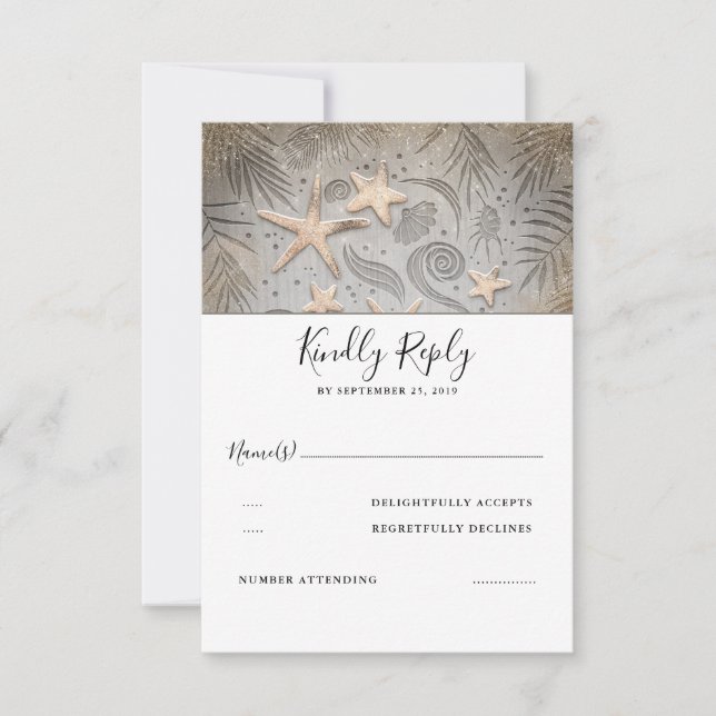 Gold Starfish Beach Wedding RSVP Card (Front)