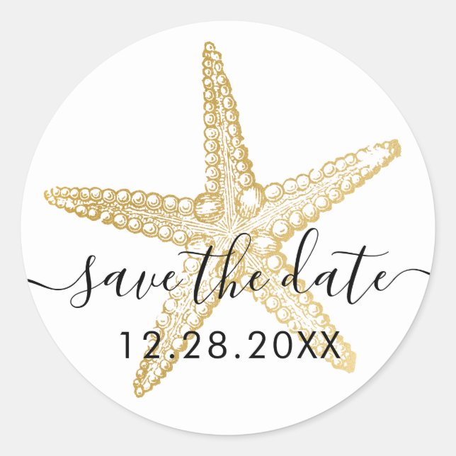 Gold Starfish Beach Wedding Save the Date Seal (Front)