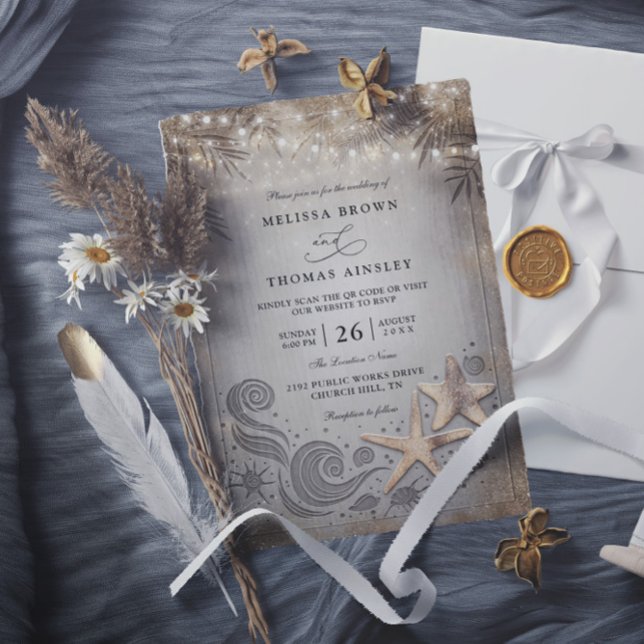 Gold Starfish Tropical Beach Chic QR Code Wedding Invitation (Creator Uploaded)