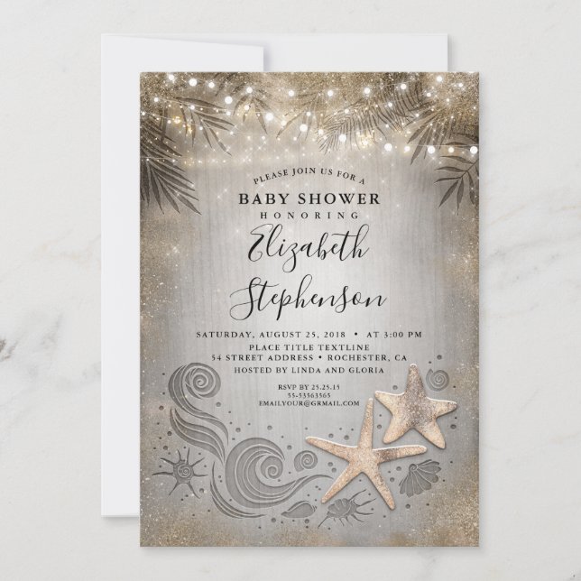 Gold Starfish Tropical Beach Lights Baby Shower Invitation (Front)