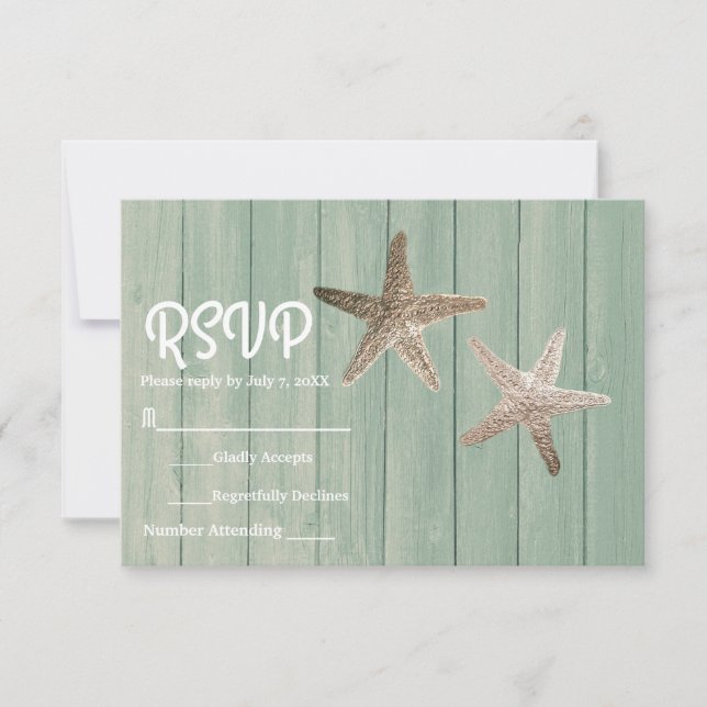 Gold Starfish & Wood Elegant Beach RSVP Card (Front)