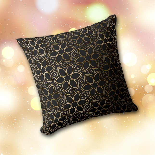 Gold Starflower Pattern on Black Throw Pillow (Creator Uploaded)