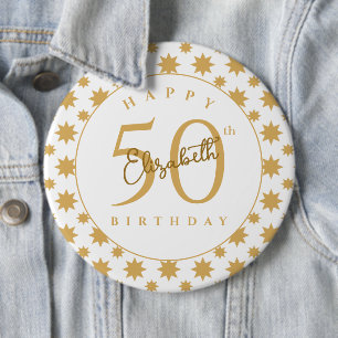 Gold Stars 50th Birthday Custom Name 6 Inch Round Button