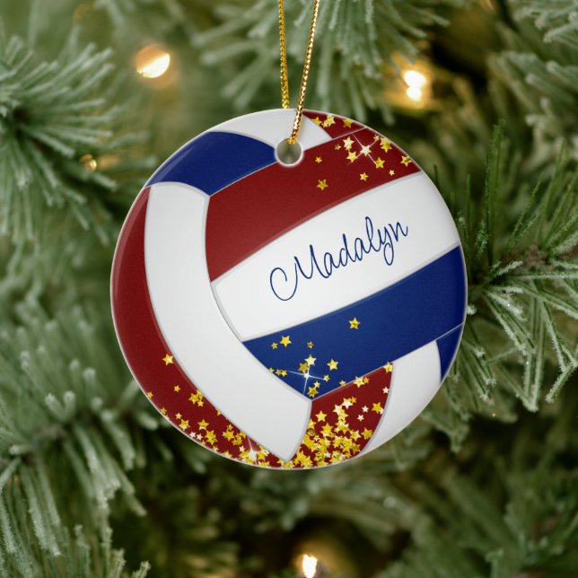 gold stars accent girls maroon blue volleyball ceramic ornament (Tree)
