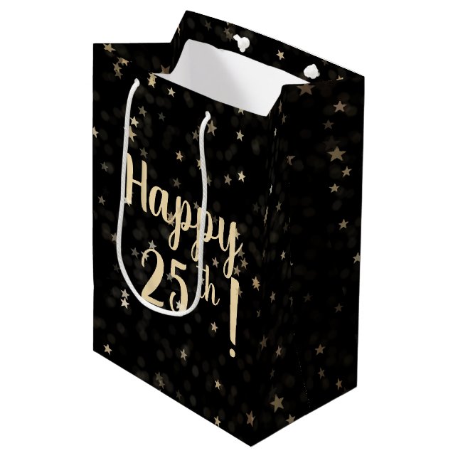 Gold Stars and Dots 25th Birthday Medium Gift Bag (Front Angled)