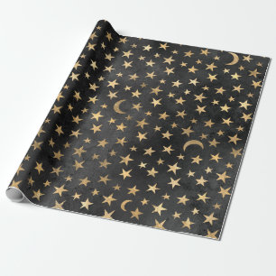 Gold Stars and Moons on Black Wrapping Paper
