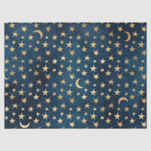 Gold Stars and Moons on Blue Decoupage Tissue Paper