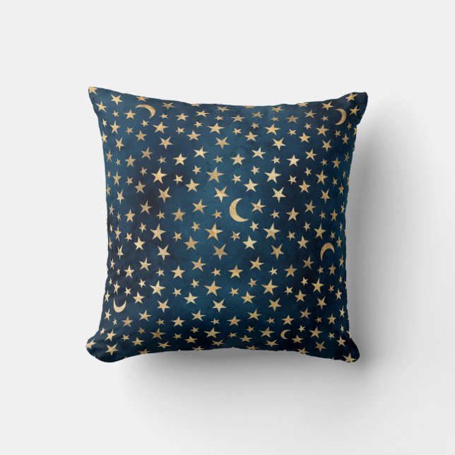 Gold Stars and Moons on Blue Throw Pillow (Front)