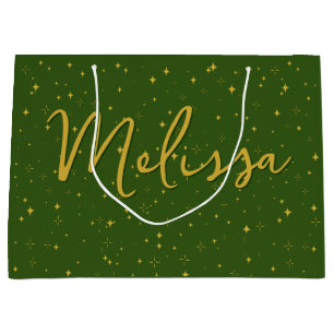 Gold Stars and Sparkles Personalized Green Large Gift Bag