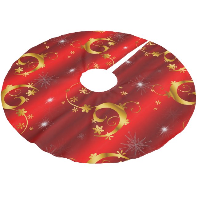 Gold Stars and Swirls Lux Red Christmas Brushed Polyester Tree Skirt (Angled)