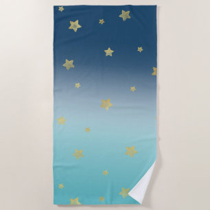 Gold Stars Aqua Blue Ombre Beach Towel