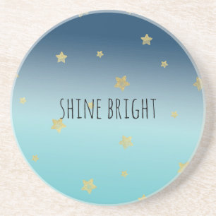 Gold Stars Aqua Blue Ombre personalized quote Coaster