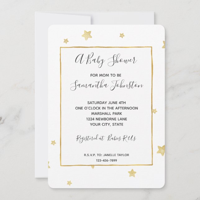 Gold Stars Baby Shower Invitation (Back)