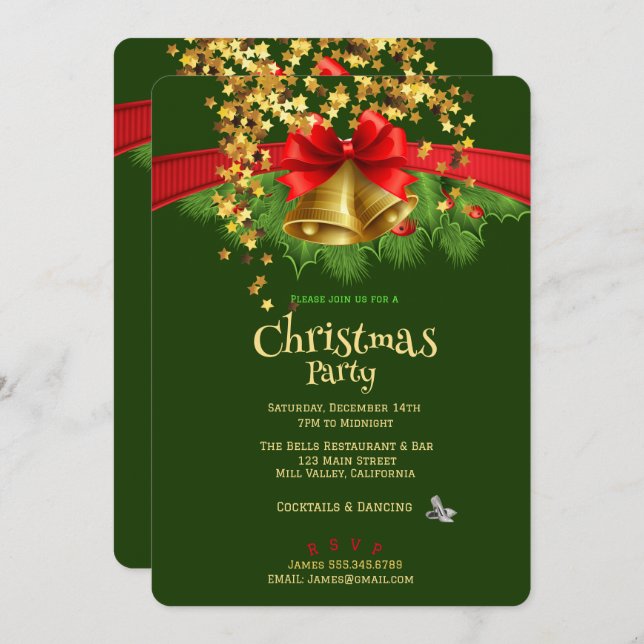 Gold Stars & Bells Fête de Noël Invitation (Devant / Derrière)