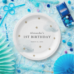 Gold Stars & Blue Clouds Kid's Birthday Paper Plate