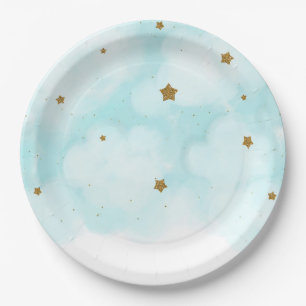 Gold Stars & Blue Sky Clouds Baby Shower Party Paper Plate