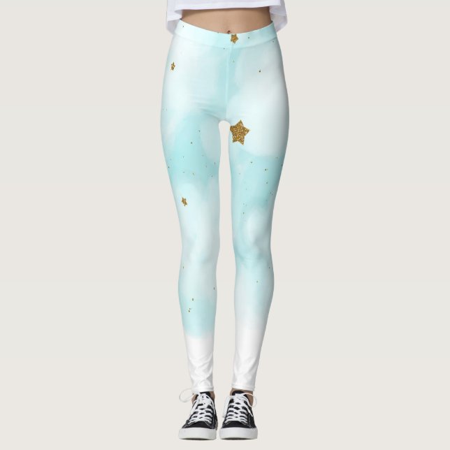 Gold Stars & Blue Sky Clouds Cute Celestial Leggings (Front)