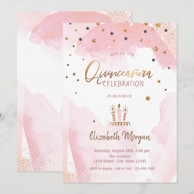 Gold Stars,Candles Ombre Quinceanera Invitation (Front/Back)