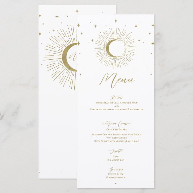 Gold Stars Celestial Sunburst Moon Menu Mariage (Devant / Derrière)