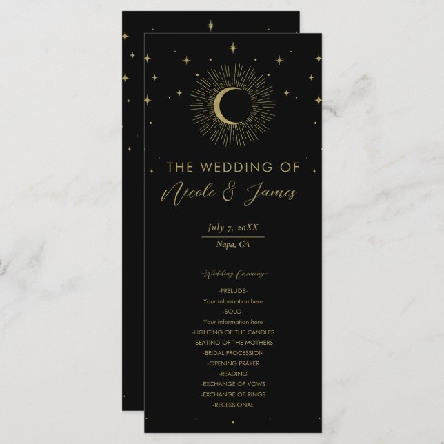 Gold Stars Celestial Sunburst Moon Wedding Program (Front/Back)