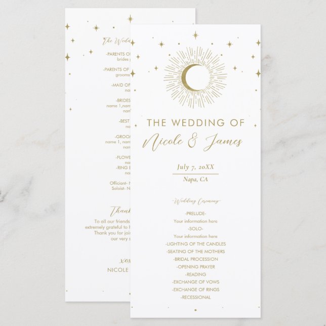 Gold Stars Celestial Sunburst Moon Wedding Program (Front/Back)