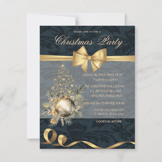 Gold Stars Christmas Tree Bow Ball Christmas Party Invitation (Front)