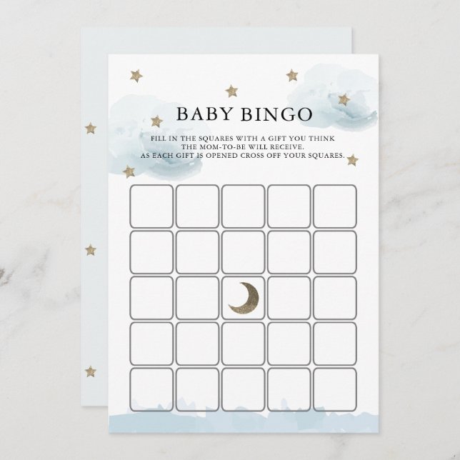 Gold Stars & Clouds Baby Shower Bingo Game Card (Front/Back)