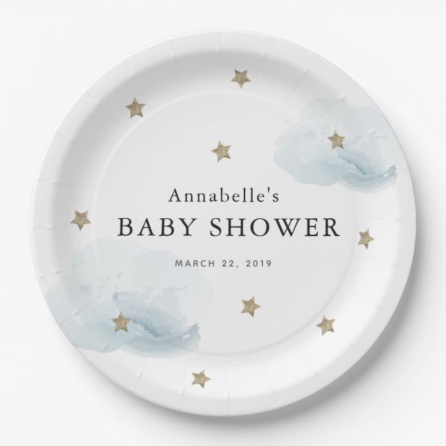 Gold Stars & Clouds Baby Shower Paper Plate (Front)