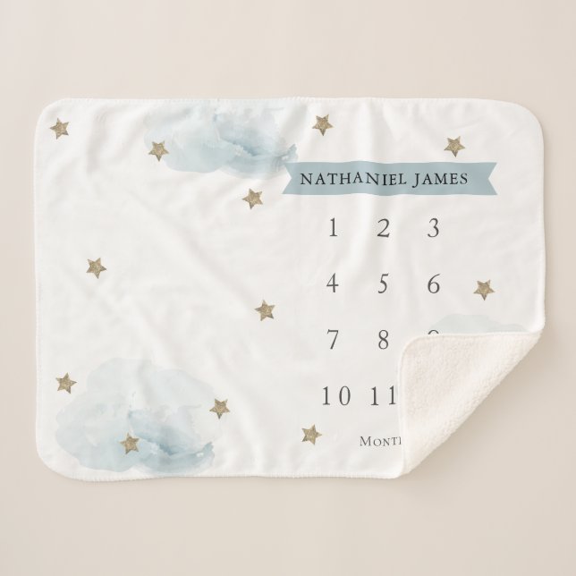 Gold Stars & Clouds Blue Boy Monthly Milestone Sherpa Blanket (Front (Horizontal))