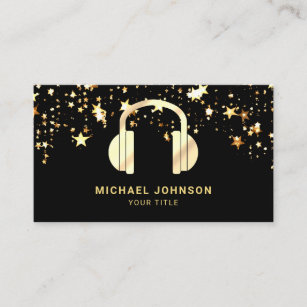 Gold Stars Confetti Black Gold Headphones Music DJ Business Card