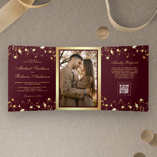 Gold Stars Confetti Burgundy QR Code Wedding Tri-Fold Invitation