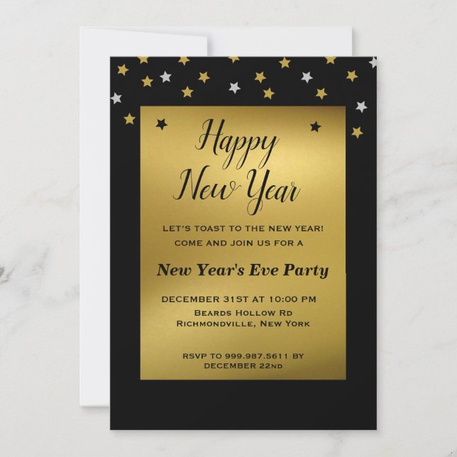 Gold Stars Confetti | Invitation du réveillon du N (Devant)