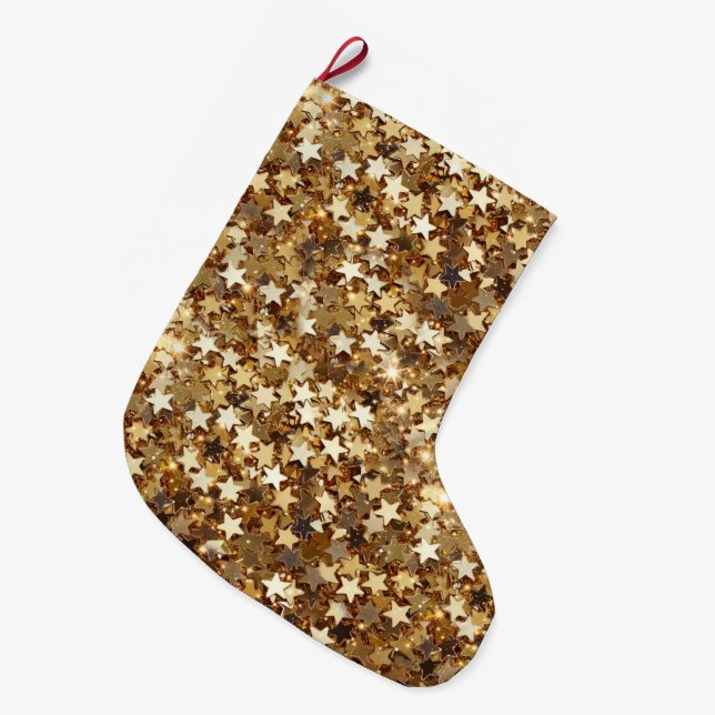 Gold Stars Confetti Large Christmas Stocking (Front (Hanging))