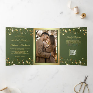 Gold Stars Confetti Olive Green QR Code Wedding Tri-Fold Invitation