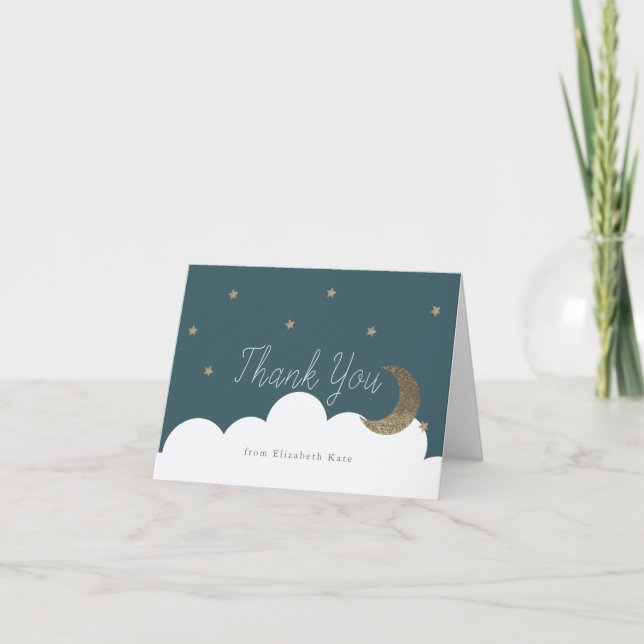 Gold Stars & Crecsent Moon Navy Blue Thank You Card (Front)