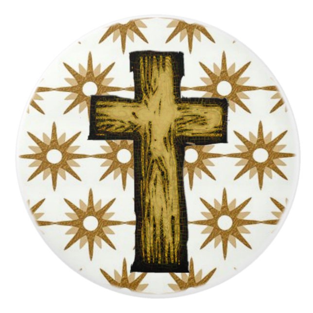 Gold Stars & Cross on White Ceramic Pull (Front)