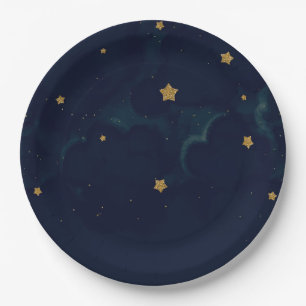 Gold Stars Dark Blue Night Sky Baby Shower Party Paper Plate