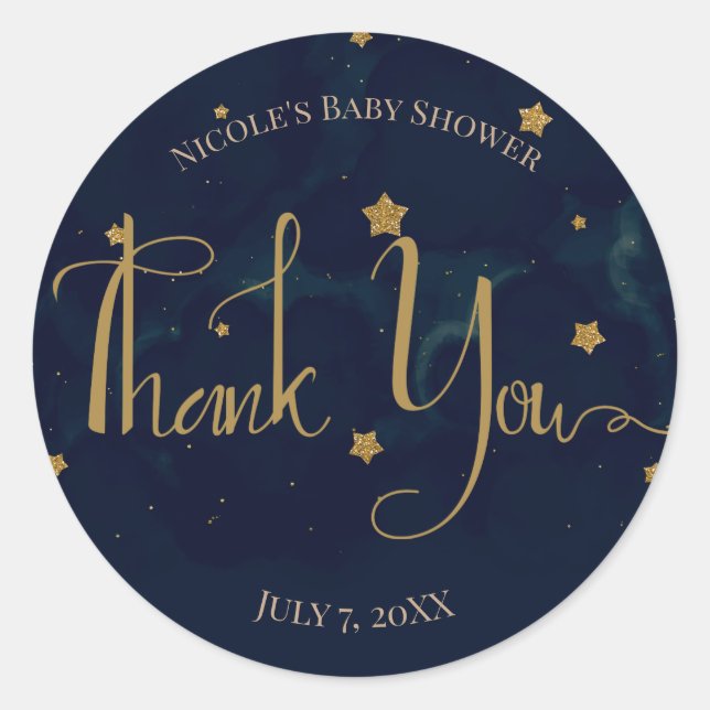 Gold Stars Dark Blue Night Sky Baby Shower Twins Classic Round Sticker (Front)