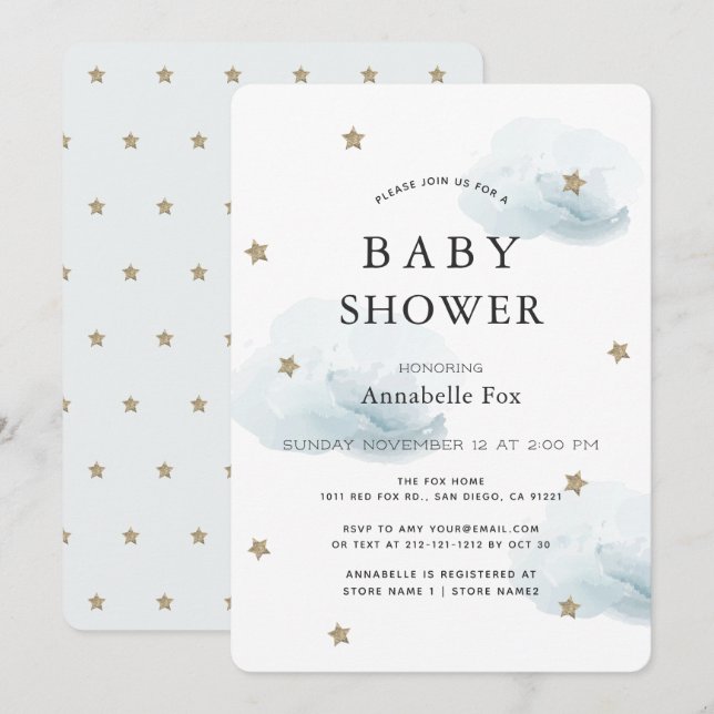 Gold Stars & Fluffy Clouds Baby Shower Invitation (Front/Back)