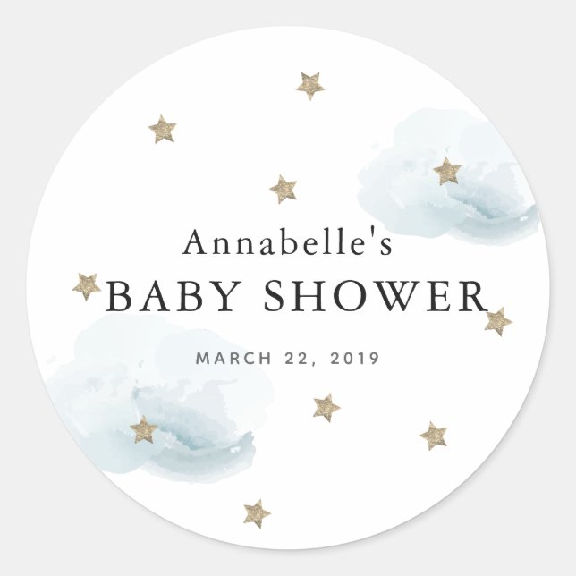 Gold Stars & Fluffy Clouds Baby Shower Sticker (Front)
